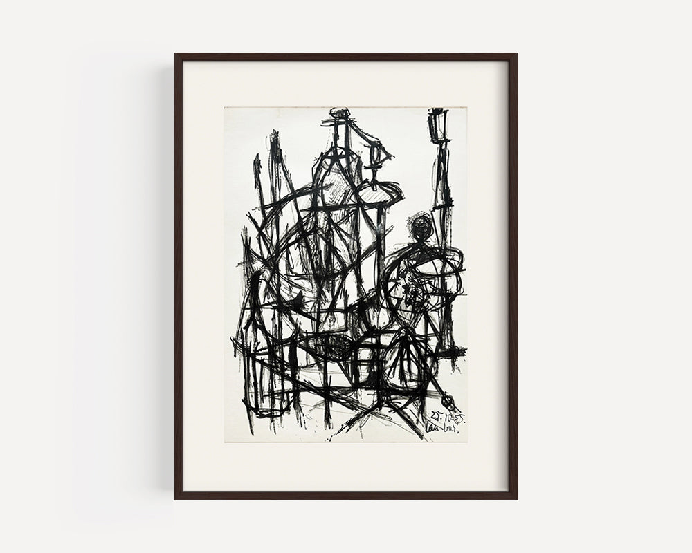 Mid-Century Modern French Abstract Expressionism Still Life Ink Drawing on Paper, Signed by French Artist David Lan-Bar, 1955