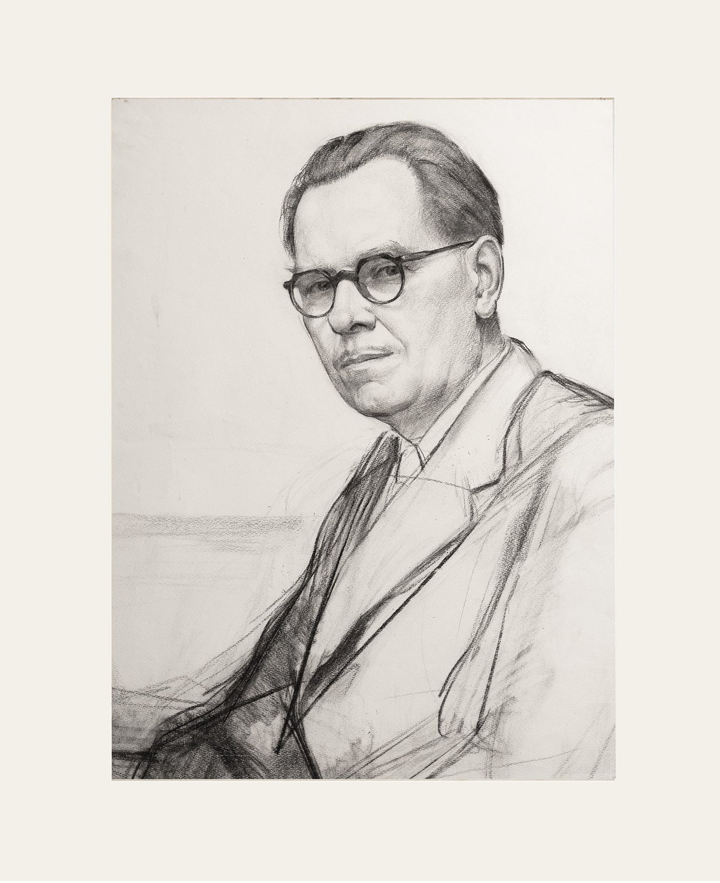Early 1900's Vintage French Realistic Portrait of Man In Suit with Spectacles, Charcoal on Paper
