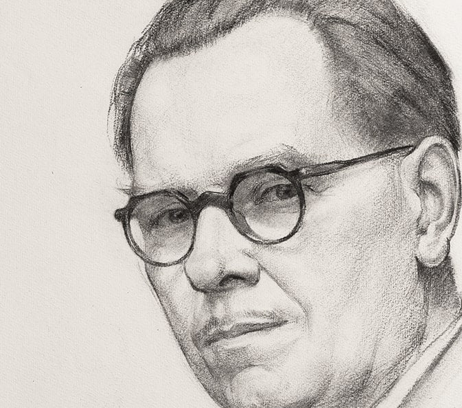 Early 1900's Vintage French Realistic Portrait of Man In Suit with Spectacles, Charcoal on Paper