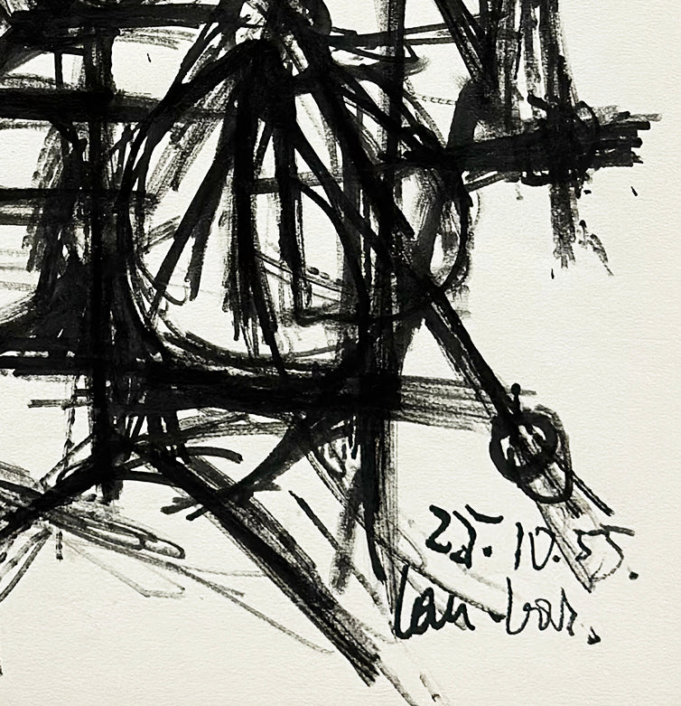 Mid-Century Modern French Abstract Expressionism Still Life Ink Drawing on Paper, Signed by French Artist David Lan-Bar, 1955