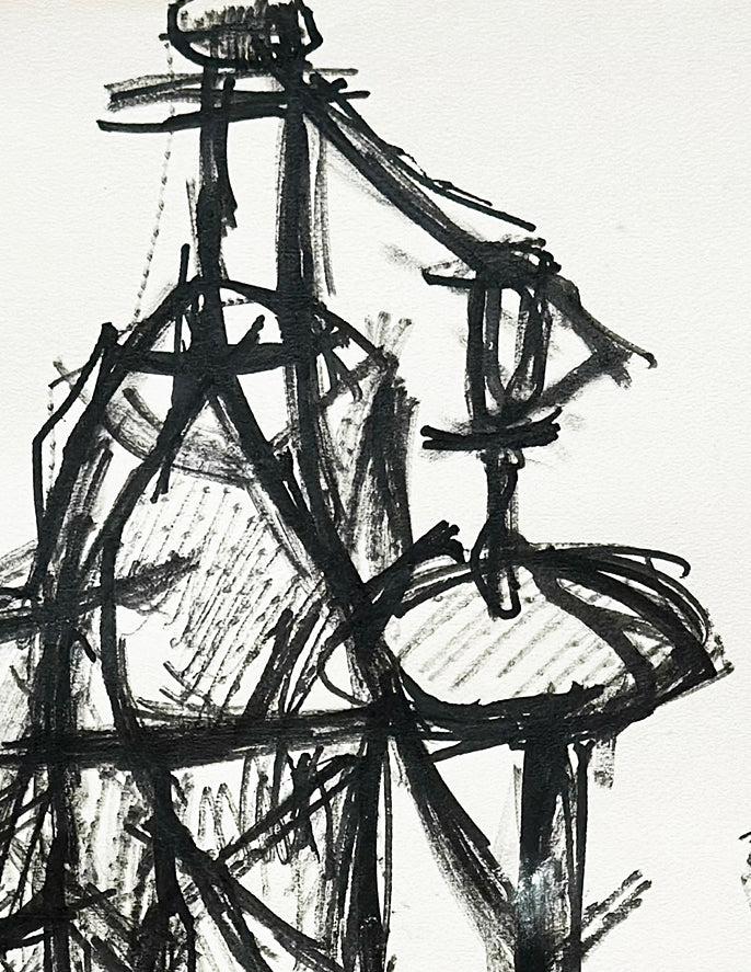 Mid-Century Modern French Abstract Expressionism Still Life Ink Drawing on Paper, Signed by French Artist David Lan-Bar, 1955