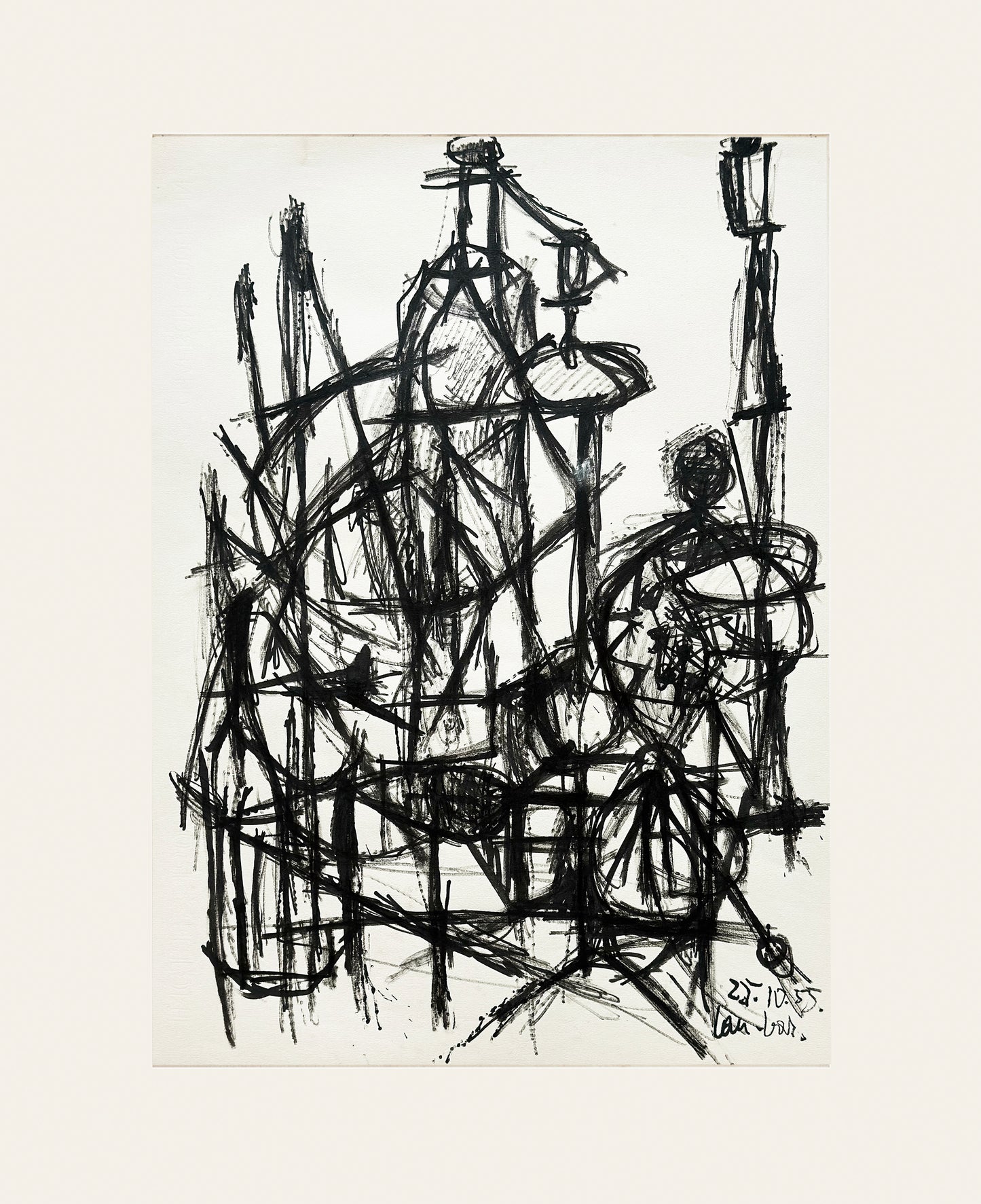 Mid-Century Modern French Abstract Expressionism Still Life Ink Drawing on Paper, Signed by French Artist David Lan-Bar, 1955