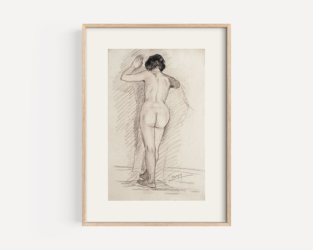 Early 1900's Antique French Classicism Style Nude Figure Drawing of Woman in Charcoal and Conte, Signed by Artist