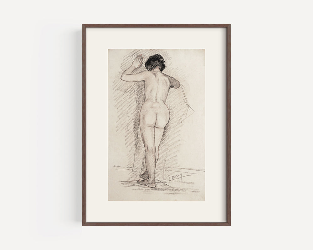 Early 1900's Antique French Classicism Style Nude Figure Drawing of Woman in Charcoal and Conte, Signed by Artist