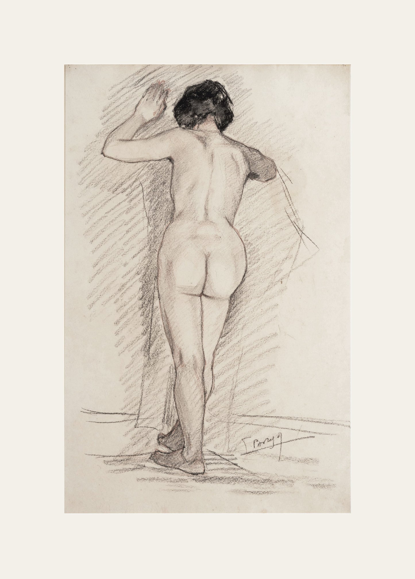 Early 1900's Antique French Classicism Style Nude Figure Drawing of Woman in Charcoal and Conte, Signed by Artist