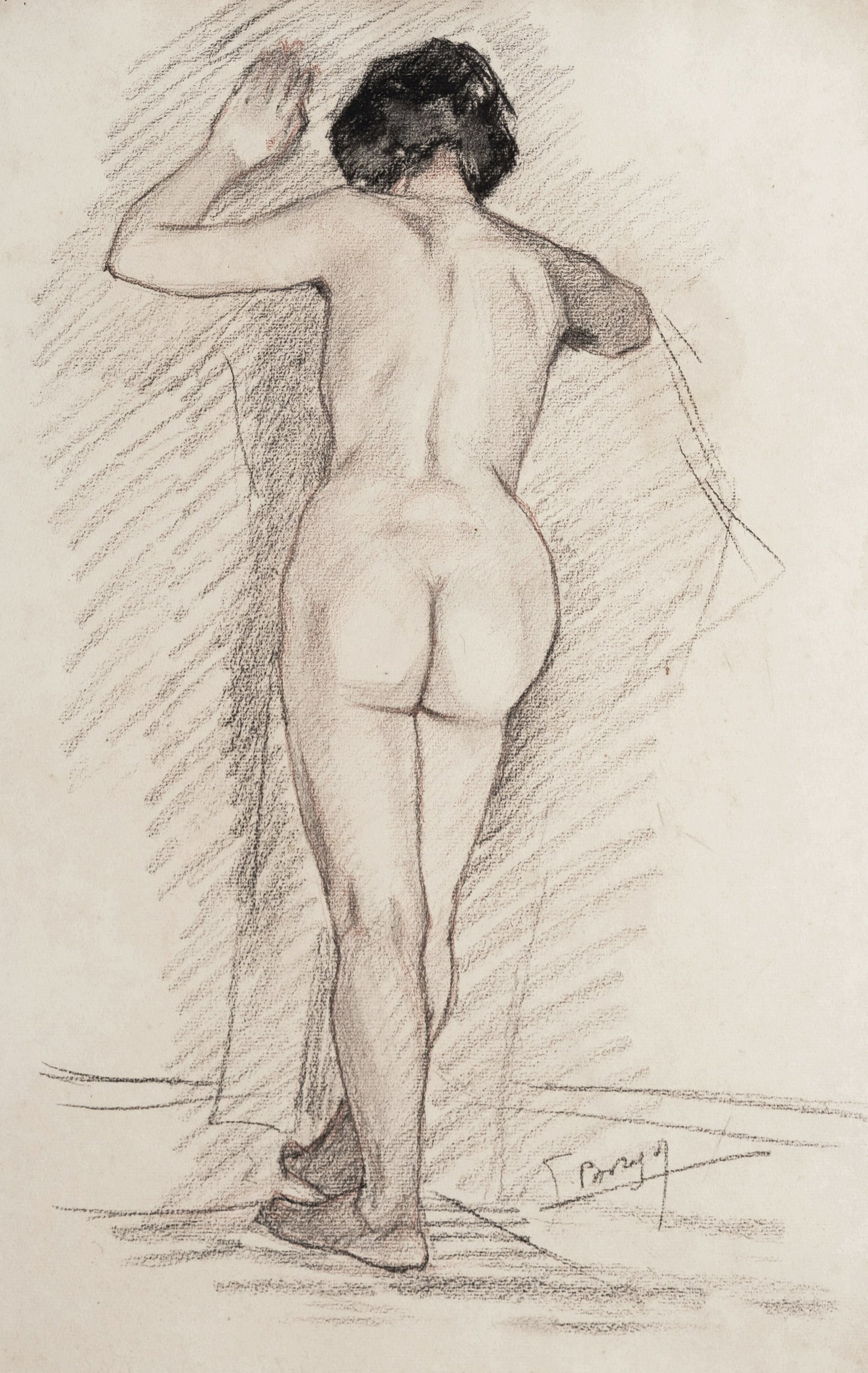 Early 1900's Antique French Classicism Style Nude Figure Drawing of Woman in Charcoal and Conte, Signed by Artist