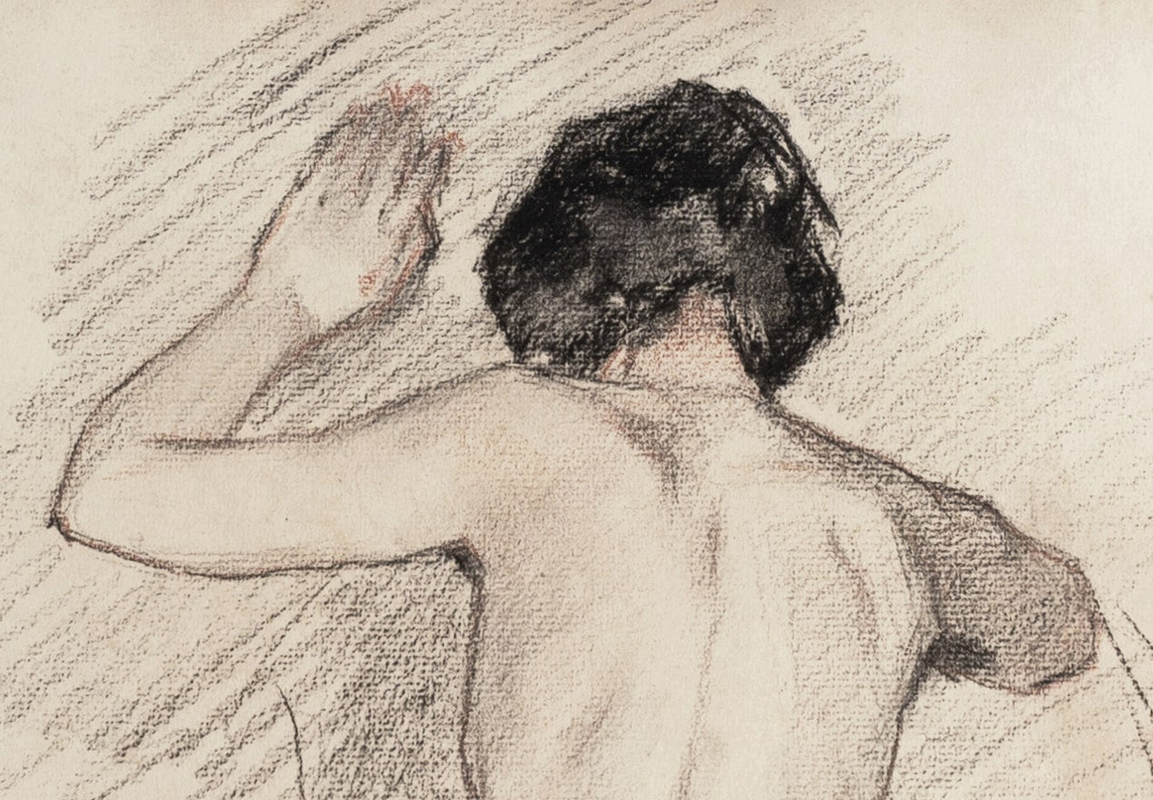 Early 1900's Antique French Classicism Style Nude Figure Drawing of Woman in Charcoal and Conte, Signed by Artist