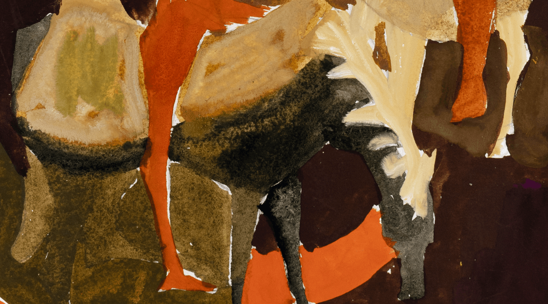 Close-up of mid-century painting with vibrant colors created with gouache on paper showing men on horseback