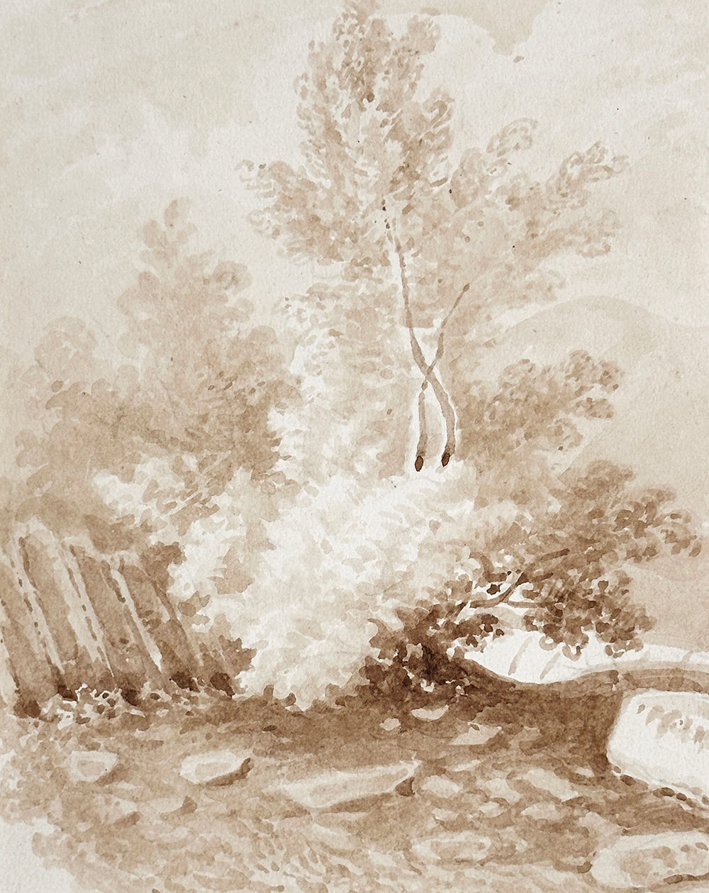 Early 1900s Antique French Sepia Watercolor Bucolic Landscape on Paper in Rococo Style