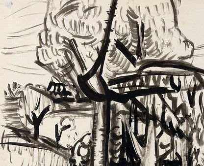 Vintage Mid-Century Modern Expressionistic Black and White Landscape Painting on Paper, Signed Auch