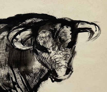 Mid-Century Modern Vintage French Mixed Media Drawing of Bull in Madrid, Signed by French Artist Ed Rhigetti, 1957