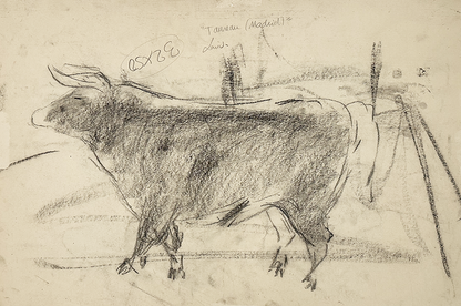 Mid-Century Modern Vintage French Mixed Media Drawing of Bull in Madrid, Signed by French Artist Ed Rhigetti, 1957