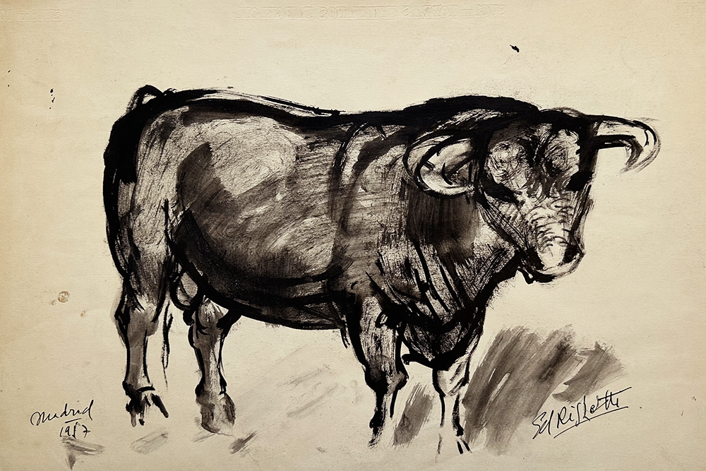 Mid-Century Modern Vintage French Mixed Media Drawing of Bull in Madrid, Signed by French Artist Ed Rhigetti, 1957