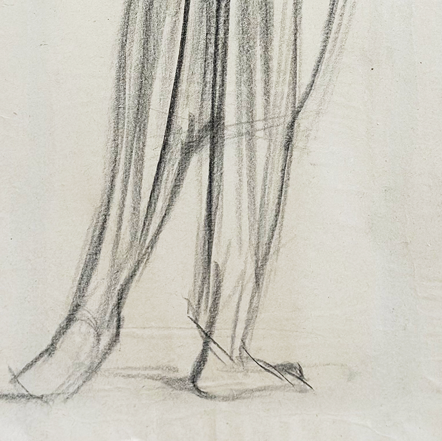 Early 1900's Antique French Classical Figural Drawing of Draped Woman in Charcoal on Paper