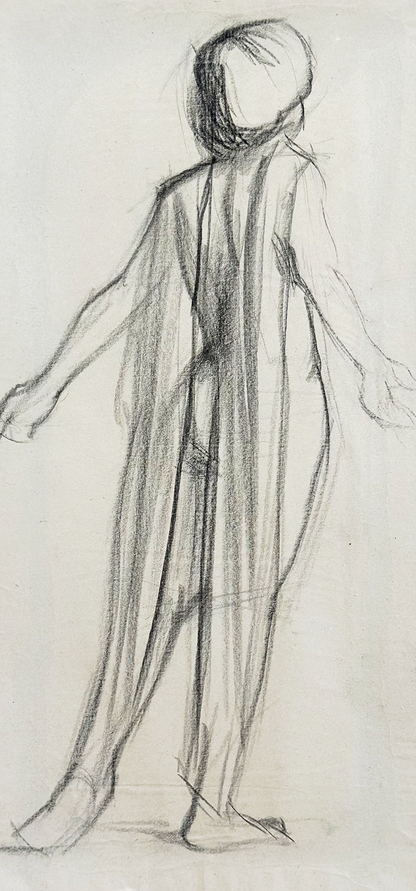 Early 1900's Antique French Classical Figural Drawing of Draped Woman in Charcoal on Paper