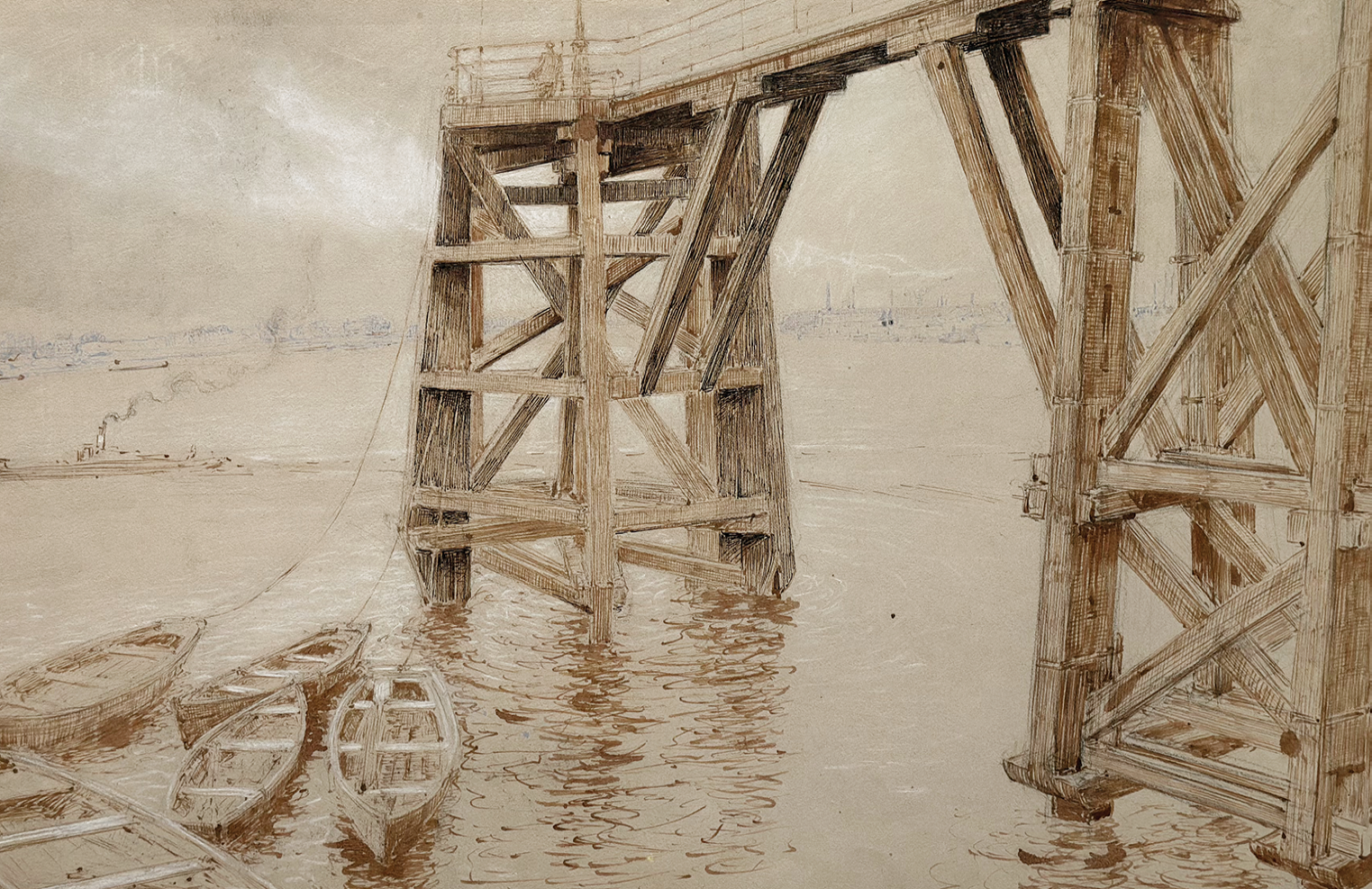 Early 1900's Antique French Mixed Media Drawing on Paper of Dock, by French Artist Edouard Pannetier