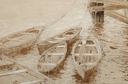 Early 1900's Antique French Mixed Media Drawing on Paper of Dock, by French Artist Edouard Pannetier