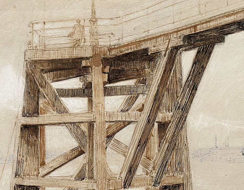 Early 1900's Antique French Mixed Media Drawing on Paper of Dock, by French Artist Edouard Pannetier