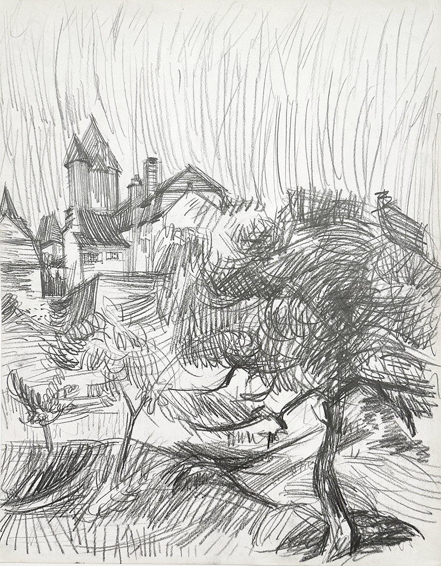 Vintage Mid-Century French Expressionistic Landscape Graphite Drawing on Paper