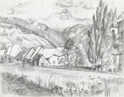 Early 1900's Vintage French Expressionistic Landscape Drawing of Village Scene along Road, Graphite on Paper