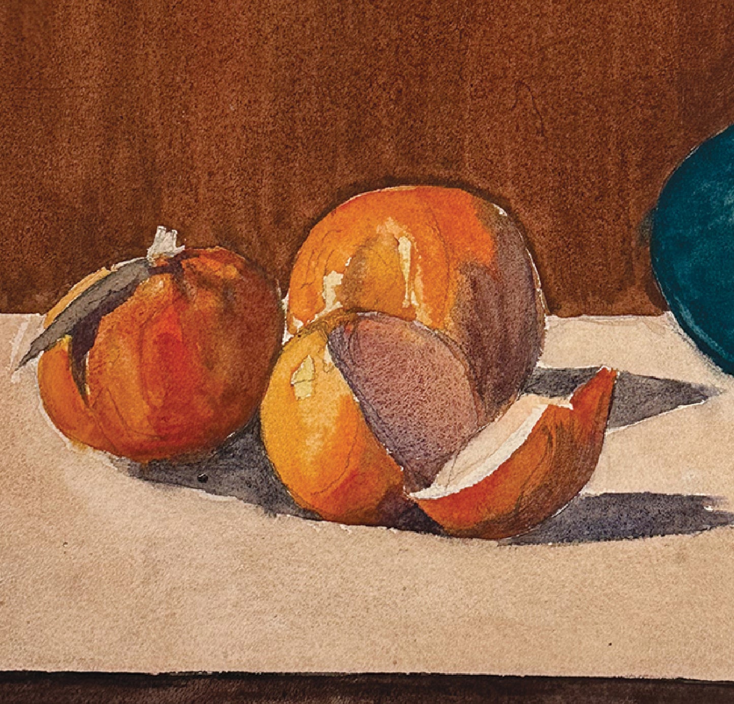 Early 1900's Antique French Still Life Gouache Painting on Paper of Fruit and Turquoise Vase