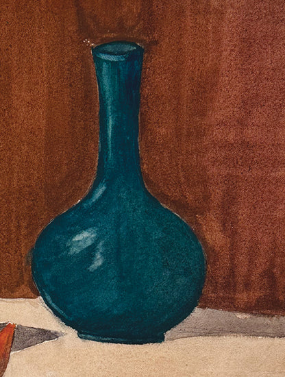 Early 1900's Antique French Still Life Gouache Painting on Paper of Fruit and Turquoise Vase