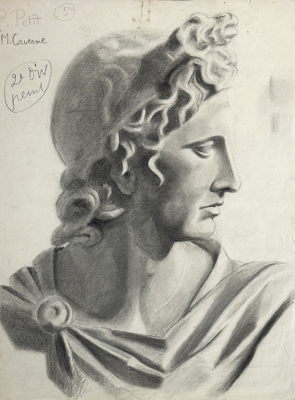 Early 1900's Antique French Academic Drawing of Female Greek/Roman Statue in Graphite on Paper