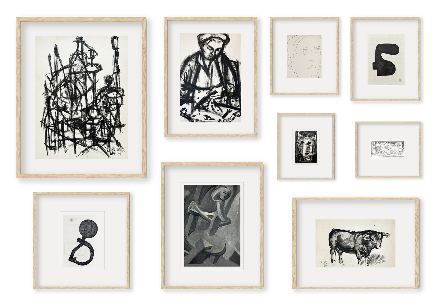 Grenoble Collection of Curated Vintage European Abstract and Expressionist Artworks in Ink, Oil Paint and Charcoal on Paper, Mid 1900's