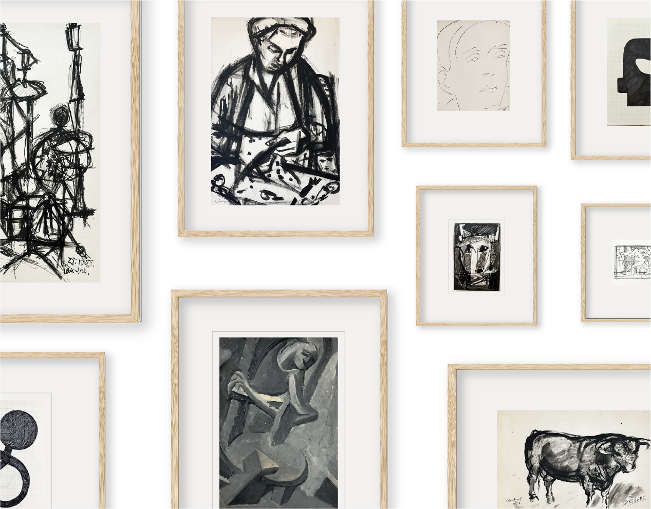 Grenoble Collection of Curated Vintage European Abstract and Expressionist Artworks in Ink, Oil Paint and Charcoal on Paper, Mid 1900's