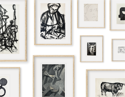 Grenoble Collection of Curated Vintage European Abstract and Expressionist Artworks in Ink, Oil Paint and Charcoal on Paper, Mid 1900's