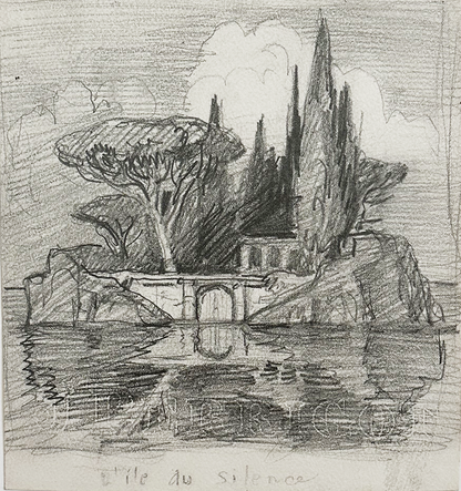 Early 1900's Small Antique French Landscape of L'Ile de Silence in France, Graphite Drawing on Paper