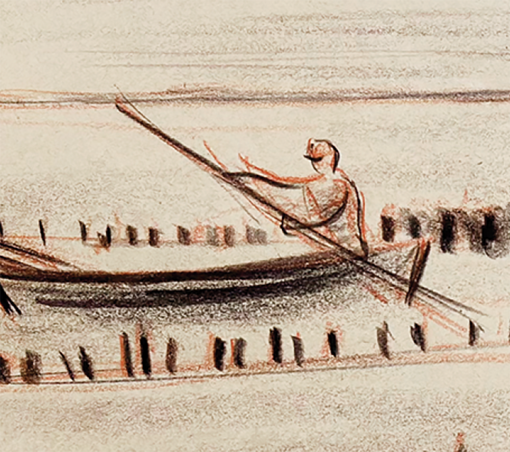 Mid-Century Modern Vintage French Charcoal Drawing on Paper of Man in Boat, Coastal Landscape