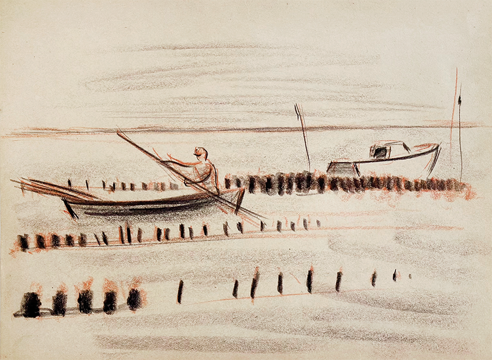 Mid-Century Modern Vintage French Charcoal Drawing on Paper of Man in Boat, Coastal Landscape