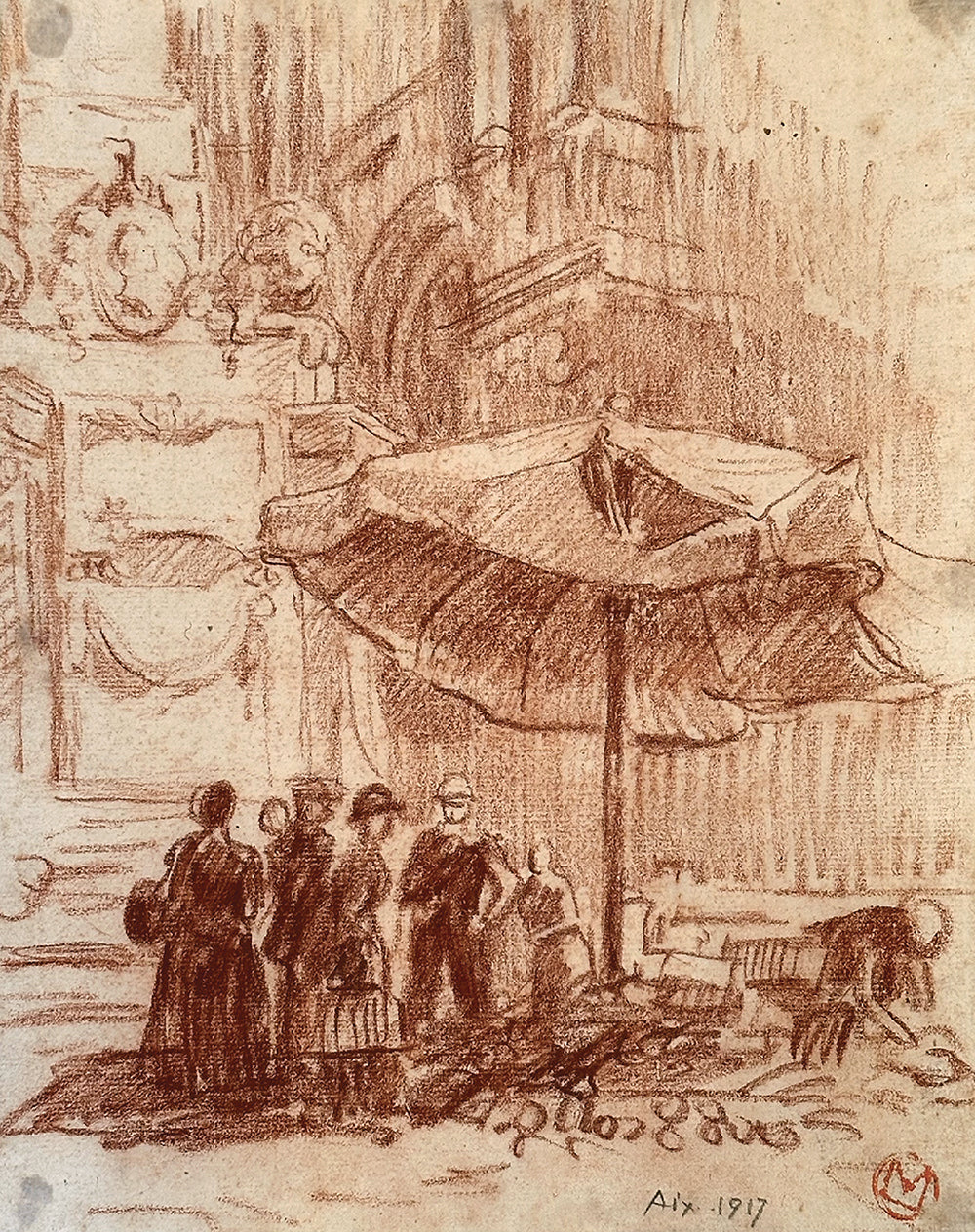 Early 1900's Antique French City Scene Drawing on Paper in Sepia Crayon, Signed by French Artist Maurice de Lambert