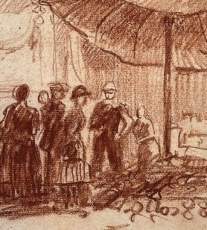 Early 1900's Antique French City Scene Drawing on Paper in Sepia Crayon, Signed by French Artist Maurice de Lambert