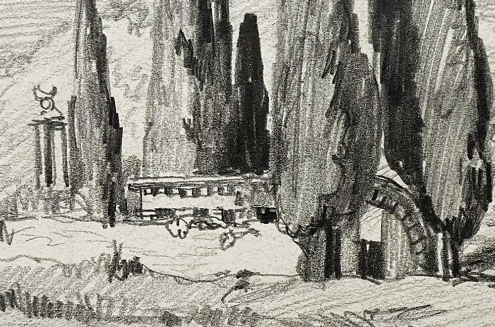 Rare Small Antique Charcoal Landscape drawing of "Cemetiere d'Argilliers". Signed by French Artist Maurice de Lambert.