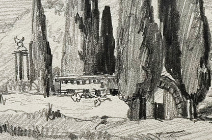 Rare Small Antique Charcoal Landscape drawing of "Cemetiere d'Argilliers". Signed by French Artist Maurice de Lambert.