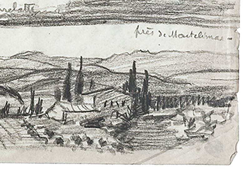 Rare Early 1900's Antique French Landscape Sketchbook Charcoal Drawing, signed by French Artist Maurice de Lambert, 1925.