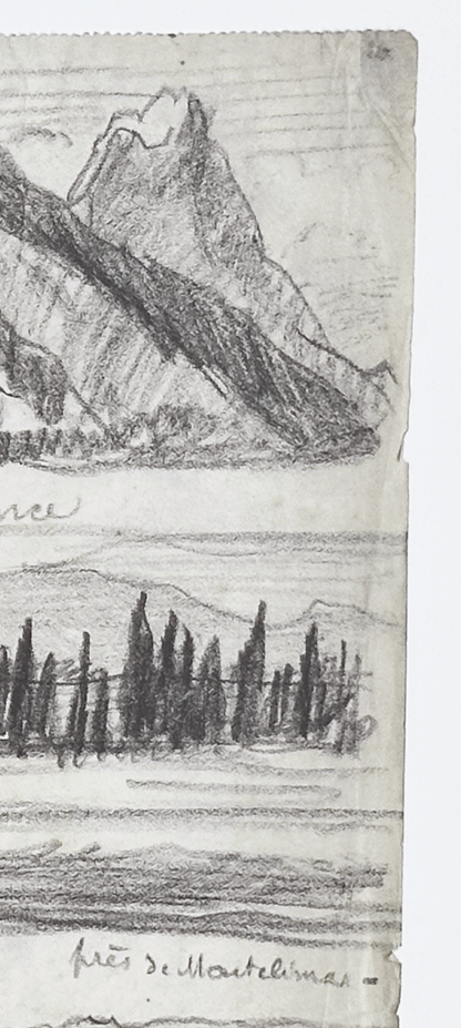 Rare Early 1900's Antique French Landscape Sketchbook Charcoal Drawing, signed by French Artist Maurice de Lambert, 1925.