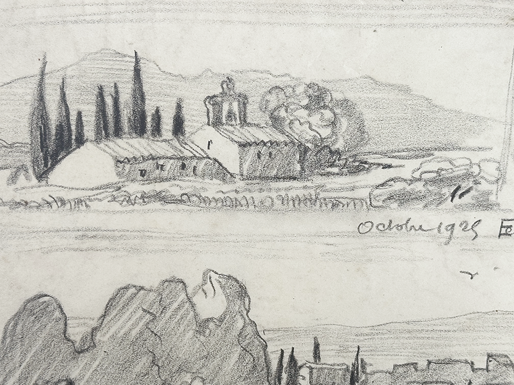 Rare Early 1900's Antique French Landscape Sketchbook Charcoal Drawing, signed by French Artist Maurice de Lambert, 1925.