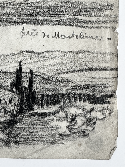 Rare Early 1900's Antique French Landscape Sketchbook Charcoal Drawing, signed by French Artist Maurice de Lambert, 1925.