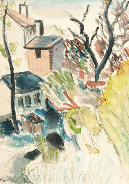 Vintage European Mid 1900's Expressionistic Village Scene in Watercolor on Paper, Signed by French Artist Martine