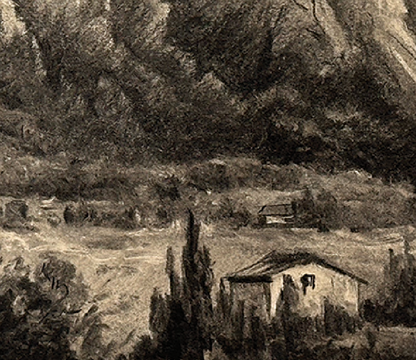 Early 1900s Antique French Charcoal Drawing on Paper of Mountainscape and Countryside Farms