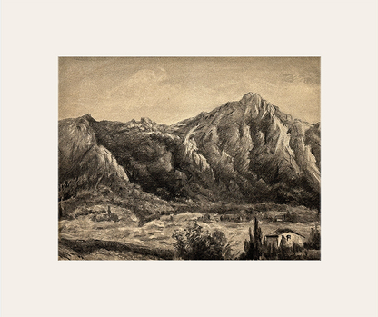 Early 1900s Antique French Charcoal Drawing on Paper of Mountainscape and Countryside Farms