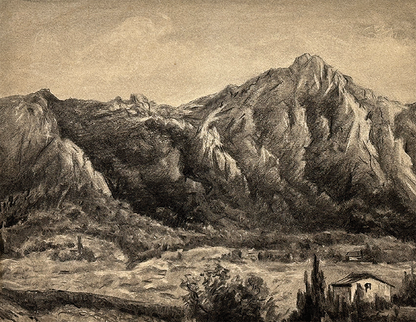 Early 1900s Antique French Charcoal Drawing on Paper of Mountainscape and Countryside Farms