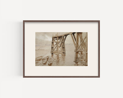 Early 1900's Antique French Mixed Media Drawing on Paper of Dock, by French Artist Edouard Pannetier