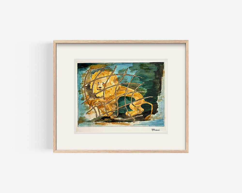 Early 1900's Vintage French Expressionistic and Fauve Style Painting of a Lion, Signed by French Artist M. Renaud