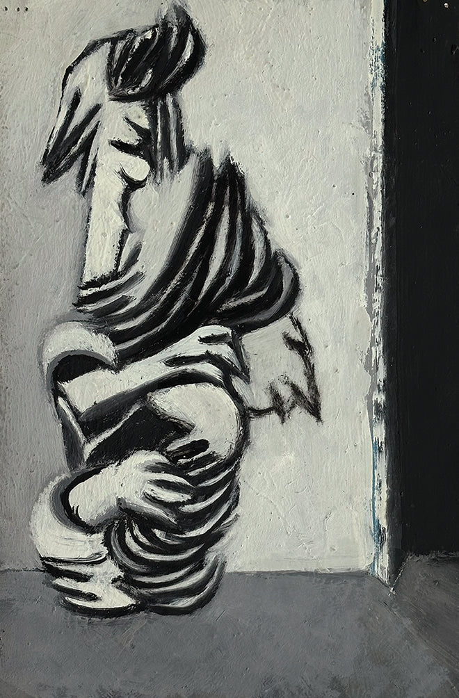 Mid-Century Vintage Abstract Grey Figure Oil Painting on Paper, Signed and dated by French Artist Renee Audebes, 1970.