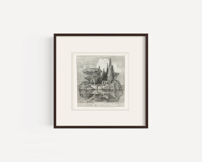 Early 1900's Small Antique French Landscape of L'Ile de Silence in France, Graphite Drawing on Paper