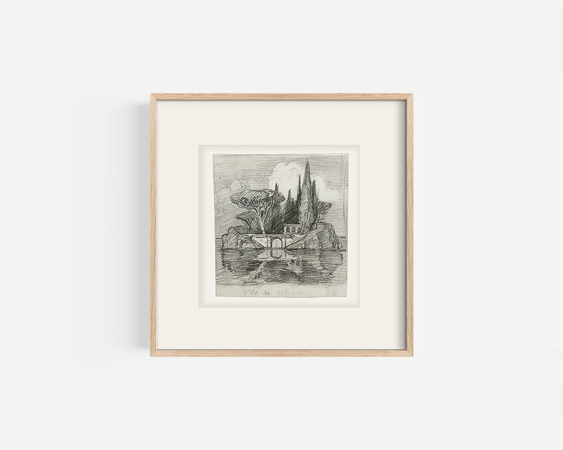 Early 1900's Small Antique French Landscape of L'Ile de Silence in France, Graphite Drawing on Paper